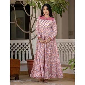 White Pink Jaal Cotton <b>Block</b> <b>Printed</b> Anarkali Dress for Girls Pakistani & Indian Style Ethnic Wear Salwar Kameez for Parties - Product Image 5