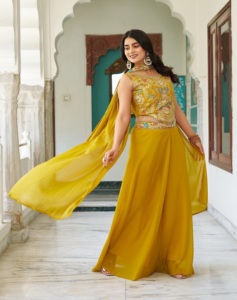 Estrella Georgette con cuello en V vestido hasta la rodilla estilo lindo secuencia hilo bordado encaje cordón Latkan trabajo lavable patrón tejido - Product Image 1