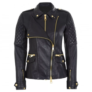 Chaqueta de Mujer Azul de Piel de Cordero Genuina, Transpirable, Resistente al Viento, con Cierre de Cremallera, Estilo Motero, Corte Ajustado, Cuello Mao - Product Image 4