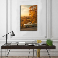 Peinture sur toile encadrée, camionnette vintage, paysage routier d'automne, art mural en bois, décoration de salon, personnalisable