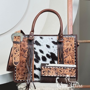 Nouveautés Sac fourre-tout à fleurs en cuir repoussé à la main de haute qualité et pochette longue à trois volets RFID en cuir repoussé à la main Ensembles combinés 2 pièces - Product Image 1