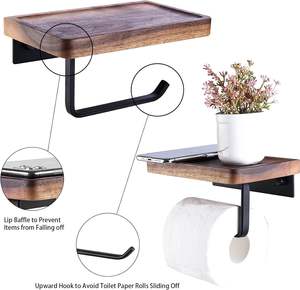 Porte-papier hygiénique en bois avec étagère, support mural, porte-rouleau de papier hygiénique, support avec étagère pour téléphone - Product Image 4