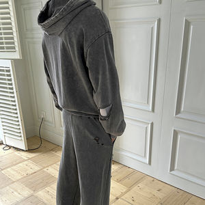 Custom Logo Vintage Acid Washed <b>Zip</b> <b>up</b> <b>Hoodie</b> and Loose Fit Sweatpants Set 100% Cotton Distressed Men's Tracksuit - Product Image 2