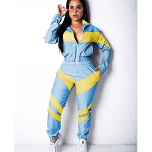 Stand Collar Color Block Stripe <b>Zip</b> <b>up</b> Long Sleeve <b>Cropped</b> Jacket and Pant 2-Piece Women's Outfit Sporty Windbreaker Tracksuit - Product Image 6