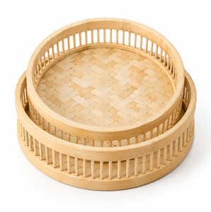 Ensemble de plateaux de rangement ronds en bambou, empilables, à un seul niveau, design minimaliste, finition naturelle non traitée, pour table - Product Image 1