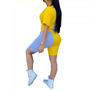 Conjunto corto de verano sin costuras con cuello redondo y bloque de Color sólido completo entrenamiento mujer Fitness algodón poliéster deportes de talla grande transpirable - Product Image 3