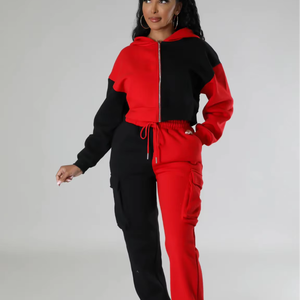 <b>Women</b> <b>Red</b> and Black Two-Tone Printed Hooded Tracksuit Zip-Up <b>Hoodie</b> and Matching Jogger Pants Stylish Casual Sportswear Set - Product Image 2