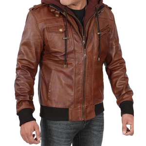Veste en cuir à capuche marron pour hommes Two Way Style Zip Multiple dernières poches Design Vestes en cuir véritable - Product Image 6