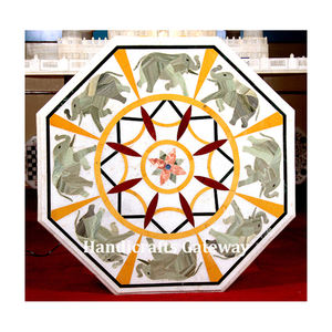 Beautiful <b>Elephant</b> Work Inlay Gemstone White Marble Coffee <b>Table</b> Top Low Piece Range For Your Living Room Octagonal Shape Tops - Product Image 1