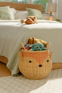 <b>Wicker</b> Rattan Kids <b>Basket</b> Cute Fox Animal Toy Storage with <b>Handle</b> Handmade Nursery Organizer Children Room Natural Rattan Decor - Product Image 6