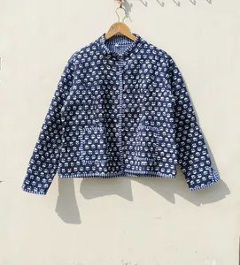 Organic Block Printed Indian Cotton Quilted <b>Kimono</b> Jacket for <b>Women</b> Reversible Blue Warm Breathable Fabric Short Length Winter - Product Image 4