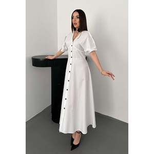 Robe en popeline blanche boutonnée mi-longue - Blanc - Product Image 2