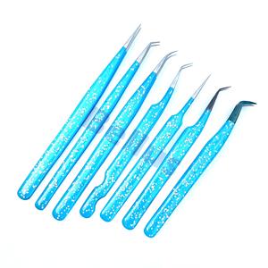 Nouveau Style bleu poudre revêtement pince à cils en acier inoxydable pince à épiler à pointe de Fiber à poignée unie pour Extensions - Product Image 4