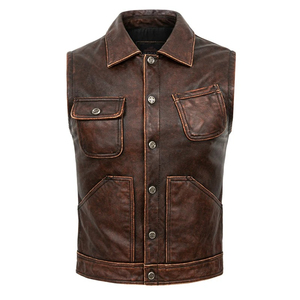 Chaqueta de cuero genuino retro para hombre, ropa de abrigo sin mangas de Estilo Vintage informal, ropa de trabajo corta transpirable con cremallera de talla grande para invierno - Product Image 5