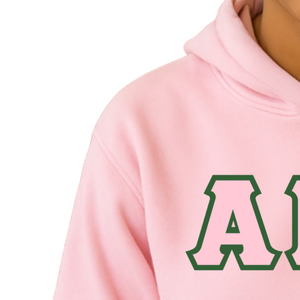 Sudadera con Capucha Personalizada AKA en Sarga Verde Kelly con Letras Griegas Rosadas en Sarga, Sudadera de Forro Polar para Hermandades - Product Image 3