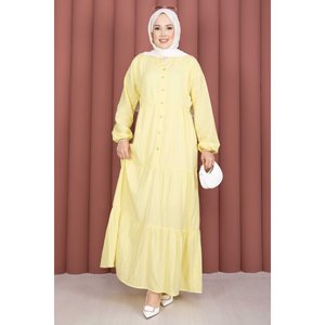 Vestido Hijab Amarillo con Botones Delanteros, Volantes y Cuentas, Estilo Modesto con Cintura Imperio, Sin Mangas, de Algodón, Color Liso, Islámico - Product Image 3