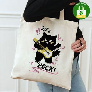 กระเป๋าผ้าแคนวาส Truong Gia ขนาด 33x38 ซม. ลายพิมพ์แมวดำกีตาร์ กระเป๋าโปรโมชั่นลำลอง - Product Image 3