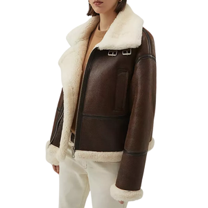 <b>Women's</b> Real Sheepskin Shearling Fur Leather <b>Flying</b> Brown Bomber <b>Jacket</b> - Product Image 5