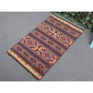 Turkish Vintage <b>Wool</b> Rug 1.9x3.1 ft (57x95 Cm) Kilim Patchwork <b>Red</b> Blue Southwestern Latex Backed Rug - Product Image 2