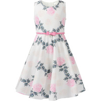 Robe longue d'été pour filles, imprimée, en mousseline, coupe patineuse, manches courtes, détails boutonnés, silhouette trapèze, col en V – Grande Vente