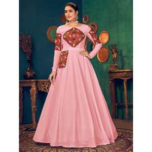 Robe de soirée en georgette rose superbe avec des travaux de miroir et de perles, tenue de fête - Product Image 4