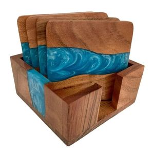Handmade Ocean Blue Epoxy Resin Solid Wood Coaster Set Holder Bar Table Decor Durable Heat Resistant <b>Waterproof</b> Square Drink <b>Mat</b> - Product Image 5