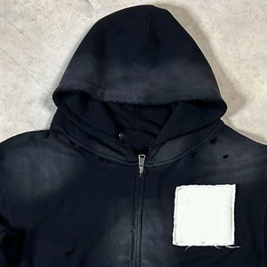 เสื้อฮู้ดดี้ครอปพิมพ์ลายวินเทจสไตล์ย้อนยุค ซักย้อมสีซีดแบบแอซิดวอช แต่งแพทช์ปักลายขาดๆ สำหรับผู้ชาย - Product Image 4