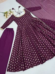 Salwar Kameez Anarkali évasé en polyester imprimé violet, orné d'un dupatta, pour mariage traditionnel indien et pakistanais pour femmes - Product Image 2