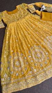 Georgette-vestido de imitación de diseñador indio para niñas, traje de trabajo con secuencia bordada pesada completa, satinado - Product Image 4