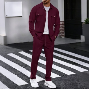 Men’s Waffle Knit Two-Piece Set European & American Style Autumn Outfit <b>Long</b> Sleeve <b>Cardigan</b> & Pants, Solid Color Workwear with - Product Image 4