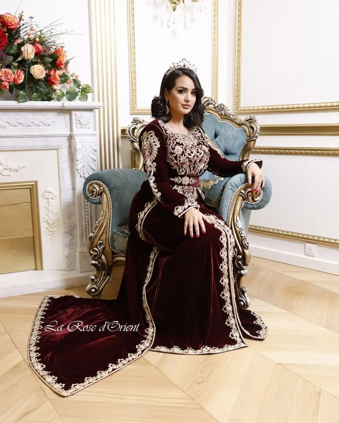 Maroon Velvet disesuaikan Lebaran Ramadan kerja tangan Kaftan Maroko gaun pesta pernikahan pakaian Maroko tradisional