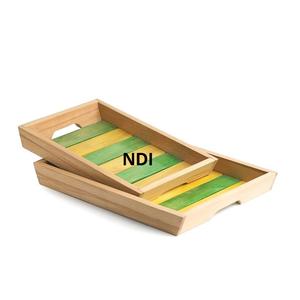 Lot de 2 plateaux de service en bois portables faits à la main pour la maison, l'hôtel, le restaurant, les boissons, le petit-déjeuner - Product Image 1