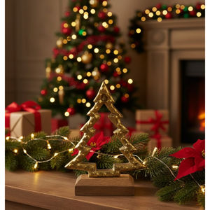 Décoration moderne de l'arbre de Noël en métal Base en bois rustique Finition martelée argentée Centre de table pour la décoration de la maison et du bureau - Product Image 3