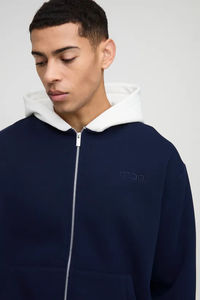 Sweat-shirt à capuche zippé pour homme, bleu foncé, hiver, épaules tombantes, veste à capuche, style décontracté, pull, coton biologique 100% numérique - Product Image 2