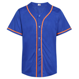 Unisex Blue Baseball Jersey With Orange Trim Short Sleeve Button Down Moisture Wicking <b>Mesh</b> Fabric Adult <b>Size</b> - Product Image 1