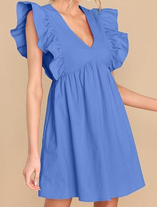 Vestidos Elegantes de Corte Holgado en Azul Claro para Mujer, Cuello en V Profundo, Manga Corta con Volantes, Estilo Casual de Largo Mini con Dobladillo Recto - Product Image 3