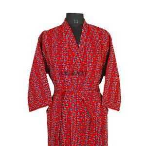 Peignoir Kimono Matelassé Multi-Kantha en Coton 100% Rouge, Fait Main et Cousu à la Main, Motif Floral Patchwork Élégant, Printemps-Été - Product Image 3