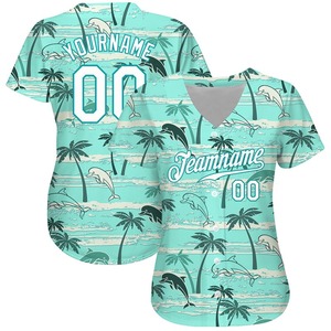 Custom Teal White-Teal 3D Patrón Diseño Hawaii Palmeras Auténtica camiseta de béisbol - Product Image 2