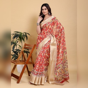 Sari de Algodón y Lino con Estampado Kalamkari Artístico al por Mayor, con Borde de Zari, Motivos GG-622, Destacado Principal de Alta Resolución - Product Image 1