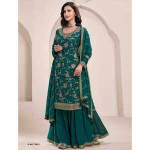 เสื้อสไตล์ดั้งเดิม Plazo พร้อมผ้าชิโน่หนาและปักหลากสีสำหรับใส่ในงานปาร์ตี้ - Product Image 1