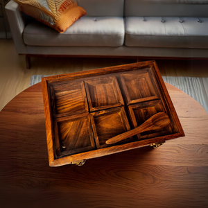 Organisateur d'épices rectangulaire en bois pour la maison, boîte de rangement pour épices style Masala Dabba avec couvercle. 9 compartiments avec dessus en verre, respectueux de l'environnement - Product Image 3