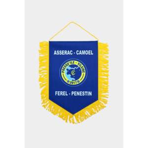 Bandera Promocional de Doble Cara de Satén Cristalino Premium con Flecos Amarillos en Forma de Pentágono - Product Image 1