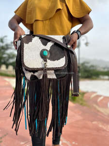 New Western Style Hair on Hide Fur Leather <b>Beads</b> <b>Fringe</b> Bag High Quality Boho Women Leather Turquoise Stone Ideal Size Handbag - Product Image 4