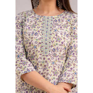 Conjunto Kurta Estampado Floral Blanco y Púrpura para Mujer con Pantalones y Dupatta - Product Image 6