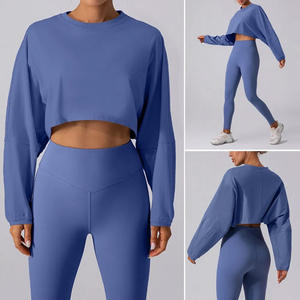 Traje de Yoga para gimnasio de 2 uds para mujer, camisas cortas transpirables de entrenamiento ajustadas, sujetador, Top largo, mallas sueltas para trasero, conjunto de Yoga deportivo - Product Image 5