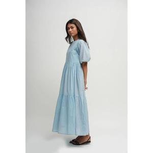 Robe longue décontractée pour femme, bleu clair, manches courtes, couleur unie, à volants, écologique, coupe ample, taille naturelle, style A - Product Image 2