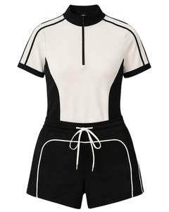 Customized Womens Black White Two Piece Sports Set With Zip Collar Top And Drawstring <b>Shorts</b> Casual Gym Fitness Summer Wear - Product Image 1