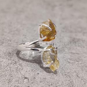 Bijoux en pierre brute Bague pour femme Citrine naturelle Pierre précieuse brute Novembre Pierre de naissance Double pierre Bijoux en argent sterling 925 - Product Image 1