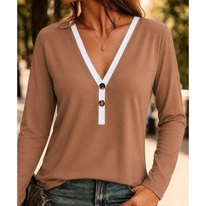 Women'<b>s</b> Long-Sleeve V-Neck Button Detail Viscose <b>Blouse</b>, 37659 - Coffee - Product Image 1