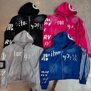 เสื้อฮู้ดแนวสตรีทขนแกะสำหรับผู้ชายเสื้อแจ็คเก็ตมีซิปรูด100% ผ้าฝ้ายปักลายวิตกน้ำหนักมากประดับพลอยเทียม - Product Image 1